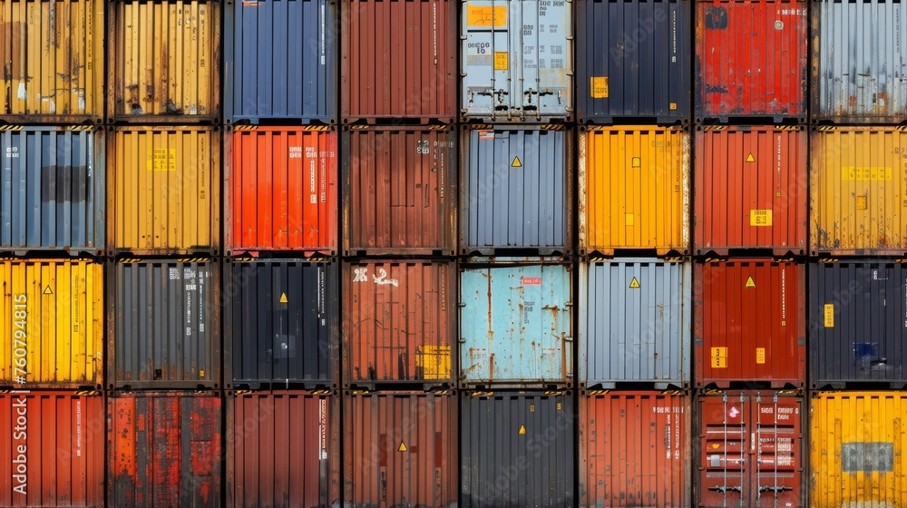Poster Vibrant cargo container rows in assorted colors at active storage yard, creating a lively scene