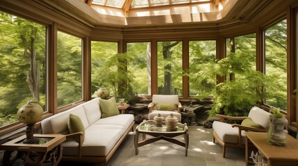 Sunroom designed to mimic a serene Japanese tea garden.