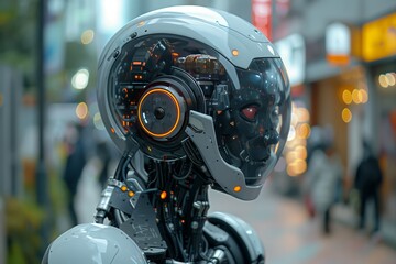 Fototapeta premium Advanced robot head with glowing eye on street