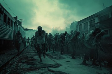 Horrifying Apocalypse zombie scene. Night war. Generate Ai - obrazy, fototapety, plakaty