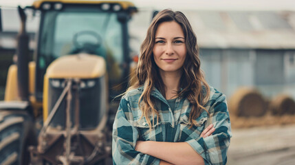 Female Farmer Standing in Front of Farm Machinery.