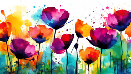 Estallido Floral: Amapolas y Tulipanes Rojos en un Paisaje de Huerta, Celebrando el Florecer de la Naturaleza en una Explosión de Color en la Primavera y el Veran - obrazy, fototapety, plakaty