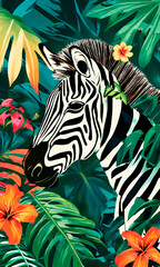 A zebra's striking black and white stripes contrast with the surrounding tropical leaves and bright flowers, creating a captivating and dynamic jungle scene.