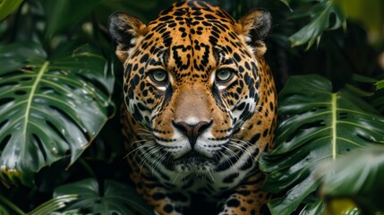 Jaguars expertly camouflaged in lush tropical jungle, stealthily hunting near serene riverbanks