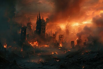 Devastating Apocalyptic scene fire. Empty ruin. Generate Ai - obrazy, fototapety, plakaty