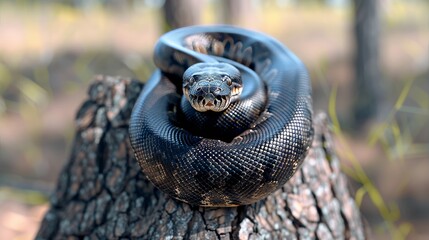 Fototapeta premium Majestic pythons coiled around ancient tree trunks in the wilderness, a serene natural scene