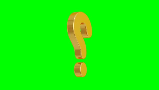 3D animation of a golden colored large question mark symbol rotation animation on a green screen background - Chroma key footage