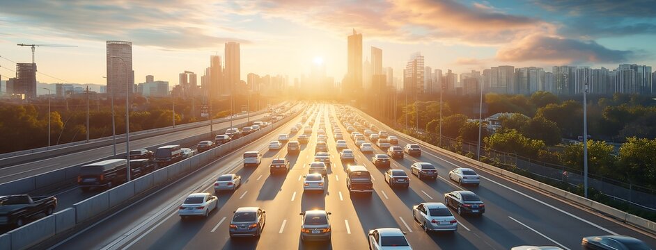 highway in the city with many cars, city skyline background