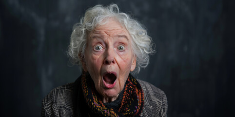 An old woman with a scarf around her neck and a surprised expression on her face. Concept of surprise and curiosity. frightened senior woman in studio photo. frightened senior woman in studio photo - obrazy, fototapety, plakaty