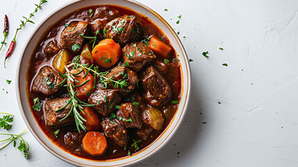 stew with vegetables, Beef Bourguignon in a bowl with vegetables and fresh herbs on a white background. Top view food photography of French cuisine with space for text. Design for culinary blog, recip - obrazy, fototapety, plakaty