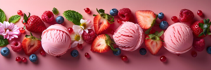 Delicious summer indulgence with fruit-infused dessert and mouthwatering ice cream delights in a tempting flatlay digital illustration.