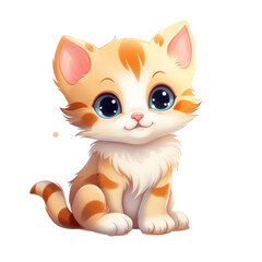Baby cat illustration in cartoon style. Cute red and white kitty cat with big eyes isolated on white background. 