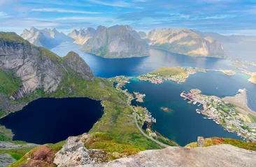 Deurstickers Sunset aerial view on stunning mountains and lakes of Lofoten islands, Norway © minoandriani