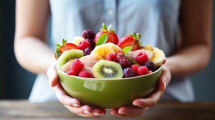 Smooth female hands holding a big green bowl of fruit and berries, kiwi, strawberry, raspberry, banana, mint. Woman's hands with a big plate of fruit and berries, healthy beautiful tasty snack.