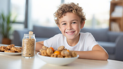 Happy boy sitting at a table with a plate of cookies and eating at home. Young boy in casual clothes preparing to eat sweets while smiling and looking at the camera. Cheerful boy getting ready to eat. - 760796602