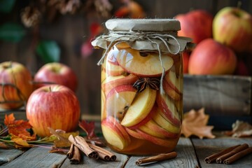 Aromatic Apples cinnamons jar. Rich and saturated wooden table with appetizing fruits. Generate AI