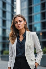 A woman in a business suit stands in front of a building. She is wearing a white shirt and a jacket
