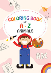 Toddler Kids Coloring Activity Book Cover Page with Funny Artist Cartoon. Back to School Drawing and Paint Books Cover Design Vector Illustration.