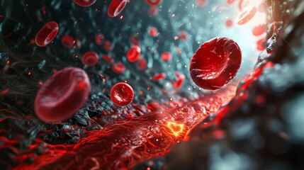 Blood clot or thrombus blocking the red blood cells stream within an artery