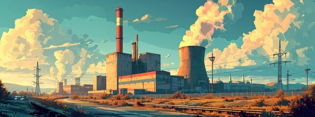 atomic nuclear reactor or power plant refinery industrial factory with cooling towers and smoke chimney as wide banner background with information, Generative AI