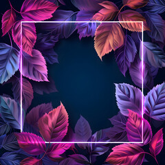 Neon autumn leaves background, Fluorescent Purple Frame, purple background, Frame with leaves
