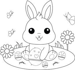 Obraz na płótnie Canvas Easter bunny coloring pages for kids. Black and white cute rabbit illustration for kids.