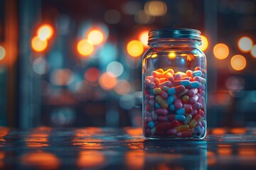 A jar brimming with an assortment of pills ultra high detailed, photorealistic, like a photo, ultra high realistic, banner with space on the left side. full focus, 16k , generated with AI