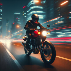 Feel the thrill of the open road of a motorbike rider navigating through the night
