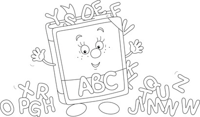 Funny cartoony ABC book surrounded by small letters, friendly smiling and waving in greeting before start of classes, black and white outline vector illustration for a coloring book