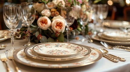 Naklejka premium Classic Sophistication: Fine China and Crystal Glassware Set the Scene