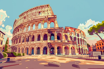 Fototapeta na wymiar Roman art and architecture large building in graphic style - colosseum