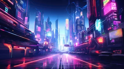 Fototapeten The picture of the neon night time futuristic cyberpunk scifi metropolis yet bright with neon light that fill everywhere of metropolis and fill with tall building and long roadway at night. AIGX01. © Summit Art Creations