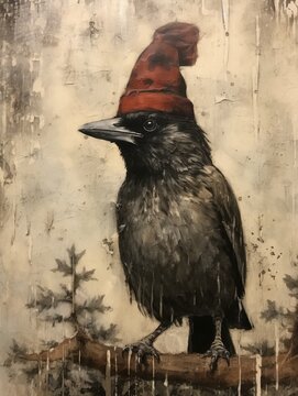 Antique oil painting, a crow jwearing a santa hat, moody neutral colors, winter aesthetic, vintage aesthetic , generated with AI