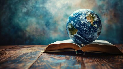 Global education with open book and planet Earth globe - obrazy, fototapety, plakaty