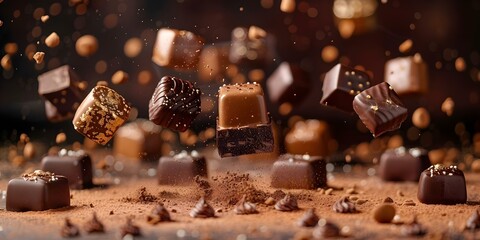 Capturing elegant handmade chocolates in motion: a dramatic action shot of festive celebration. Concept Action Photography, Food Styling, Holiday Festivities, Handmade Treats, Elegant Desserts