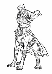 Black and white coloring page for adults, a very young puppie dressed as superhero, wearing glasses, generated with AI