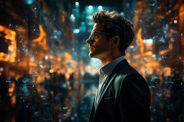 Businessman in a futuristic city at night