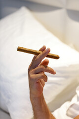 Mans hand is holding a cigar. The focus is on the hand and the cigar, with the background blurred. The fingers delicately position around the cigar, highlighting its texture and form. Smoking cigar