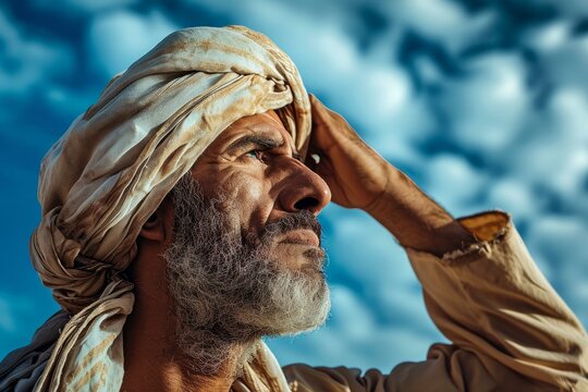 Mystical Arab man sky. Camp desert. Generate Ai