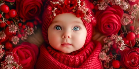 Top view of an adorable baby dressed in red. Red flowers in the background.jpeg