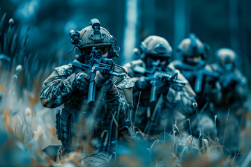 Military special unit commandos assault team during a mission - obrazy, fototapety, plakaty