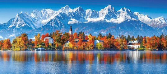 Majestic high tatra lake in autumn  sunlit mountains, pine forest, tranquil reflections - obrazy, fototapety, plakaty