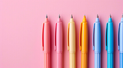 A row of multicolord pens on pastel pink background. Beautiful color pens