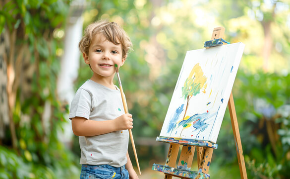Kid artist painting outdoor on a canvas