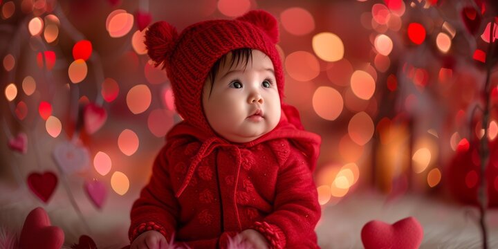 Portrait of an adorable baby dressed in red. Bokeh lights in the background.