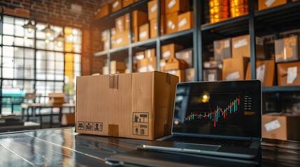 Office in warehouse with products, inventory, small business.