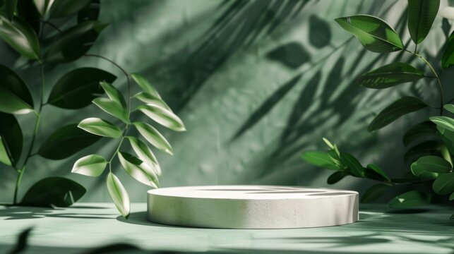 Green background podium product platform for nature beauty cosmetic stage scene. Abstract mud podium pedestal mockup with green leaf shadow. Photography showcase fresh banner , generated with AI