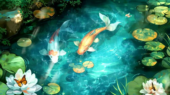 Garden pond with koi fish. Fantasy landscape anime or cartoon style, looping 4k video animation background