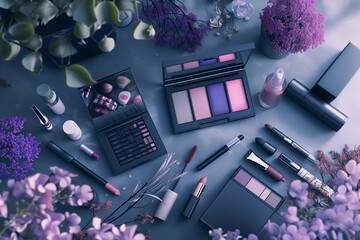 A big set of luxury decorative cosmetics and makeup accessories on a purple background. Flatlay, top view. Beautiful cosmetics banner - obrazy, fototapety, plakaty