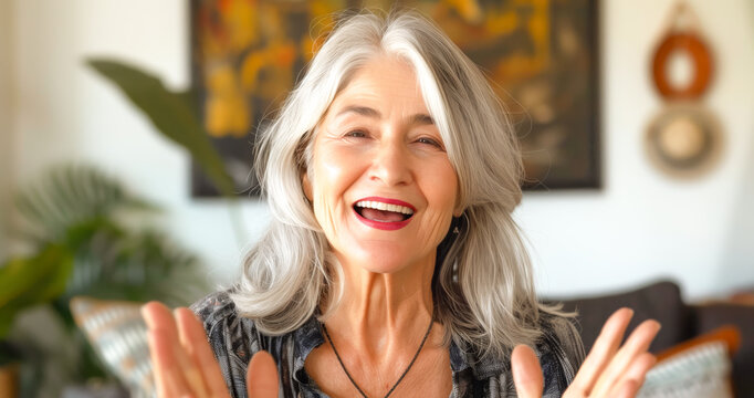 Happy middle aged senior woman talk on video call with friends family. Laughing mature old senior grandmother having fun speaking with grown up children online. Headshot portrait selfie webcamera view
